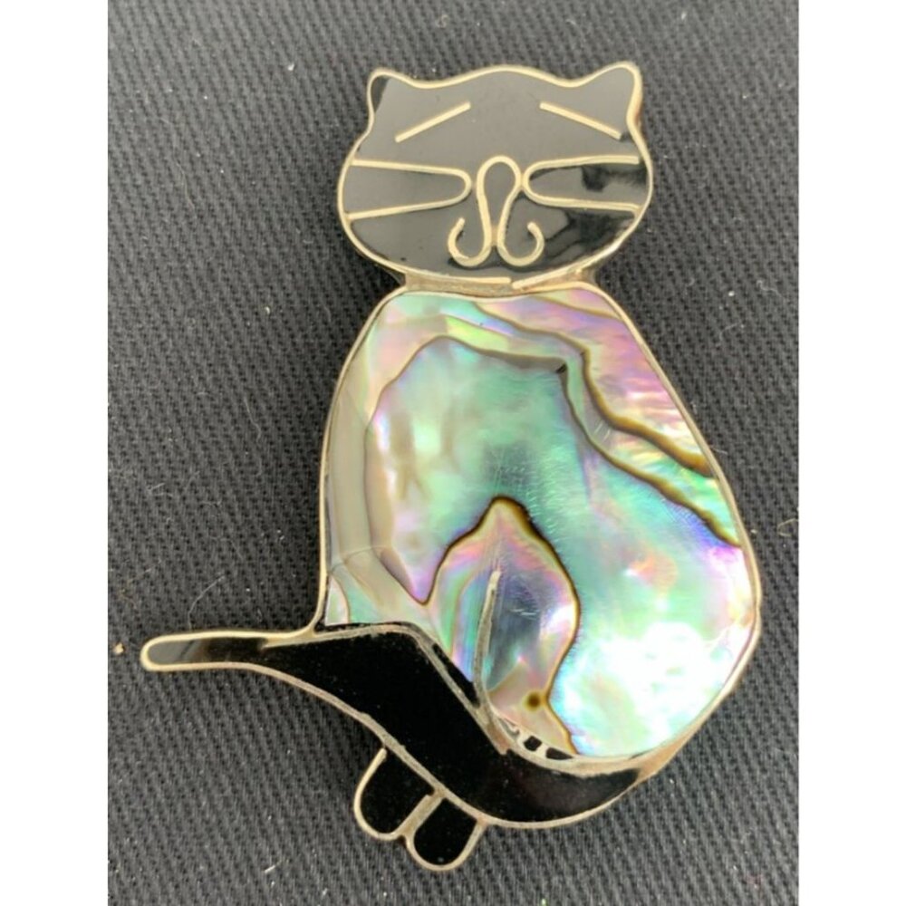 Mexican Cat Brooch Alpaca Abalone Shell Black Enamel 2" Vintage
